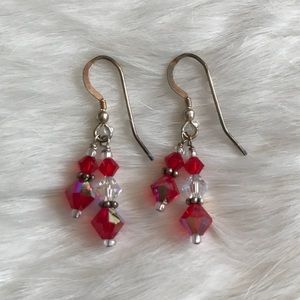 Red and White Beaded Silver Earrings